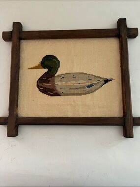 Vintage Handmade Rustic Brown Wood Framed Duck Cross Stitch framed